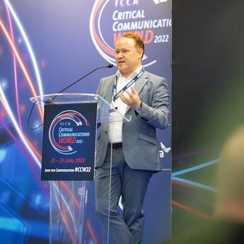 CCW 2022 - Samuel Gustafson from Airbus presenting as keynote speaker in a conference