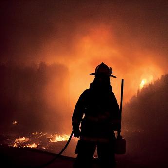 firefighter silhouette in front of the forest fire in the night