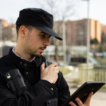 Security guard with tablet and push-to-talk