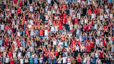 Supporters encouraging their team in a stadium grandstand Supporters encouraging their team in a stadium grandstand