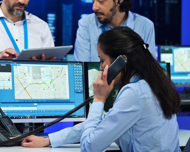 Command and control room officer talking to a TPH900 tetra terminal Command and control room officer talking to a TPH900 tetra terminal
