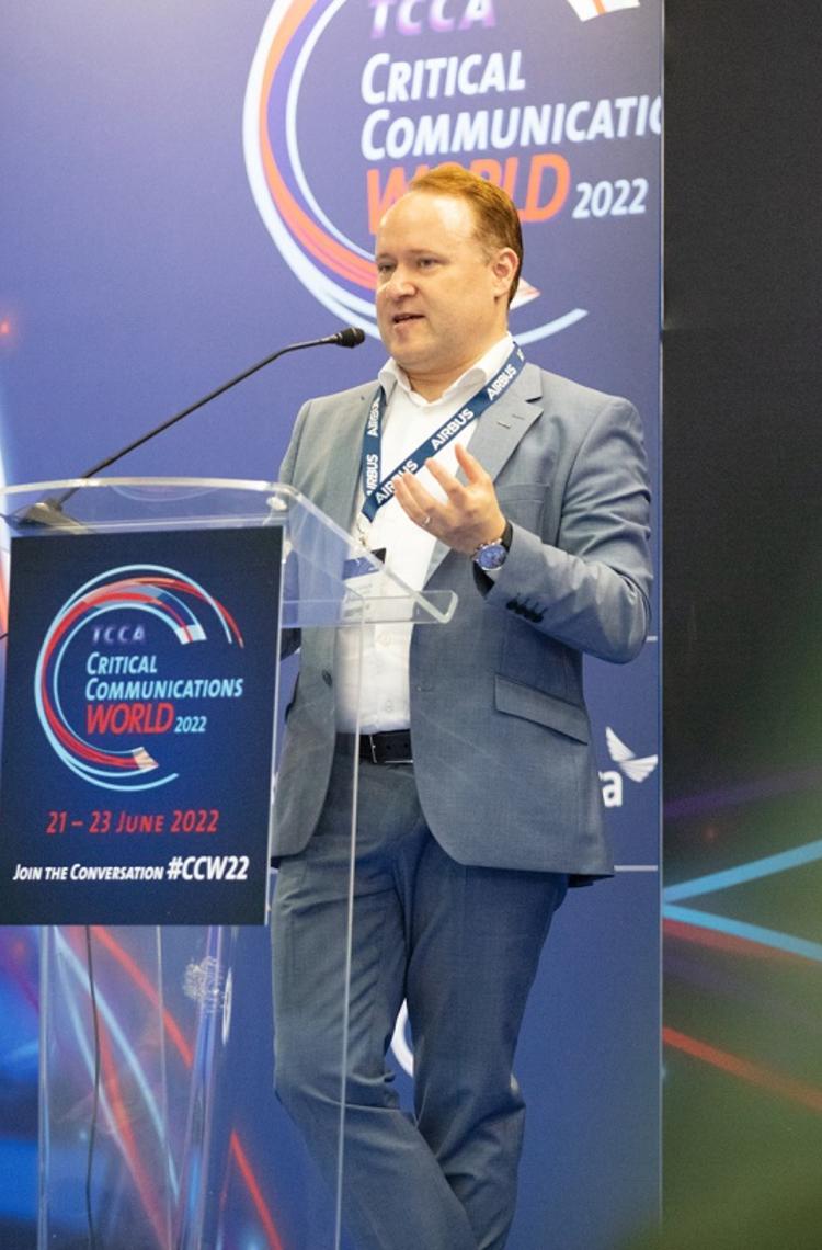 CCW 2022 - Samuel Gustafson from Airbus presenting as keynote speaker in a conference