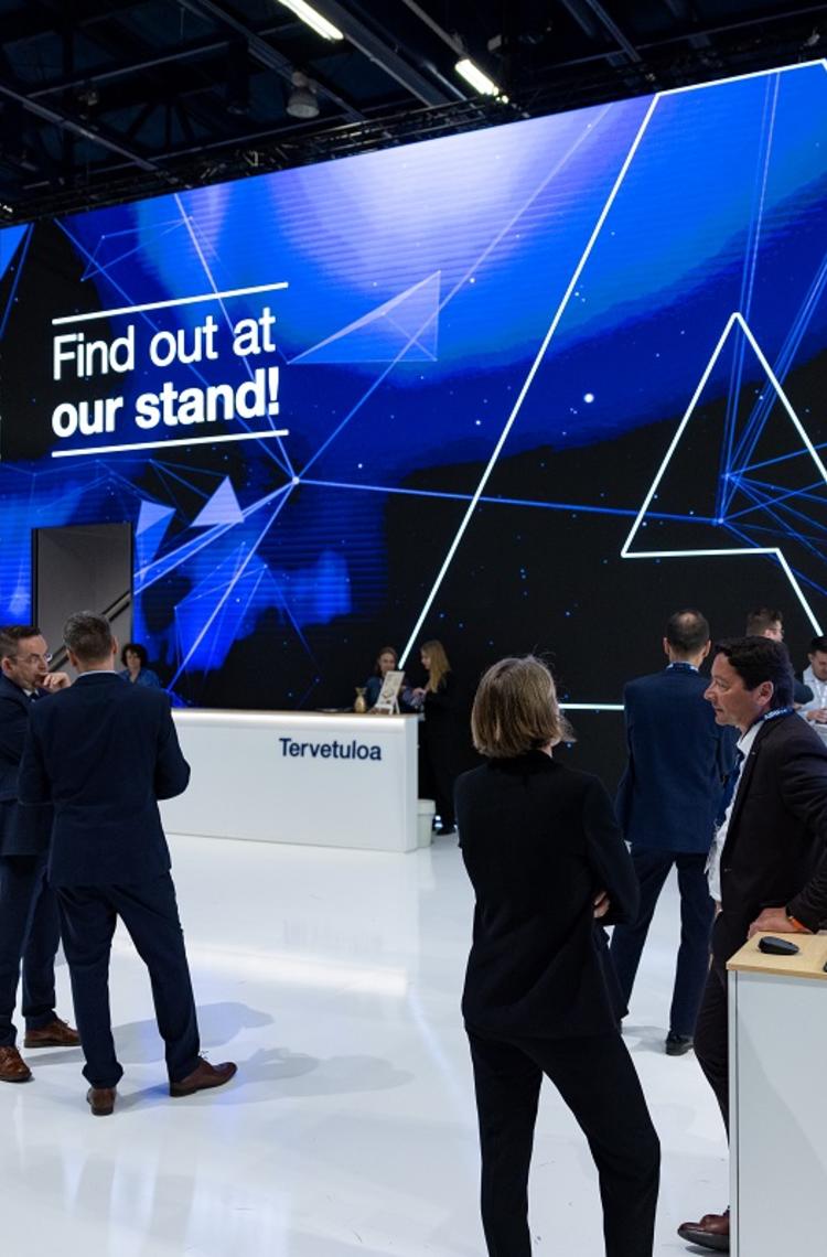 CCW 2023 - Airbus stand front view with people and big screen
