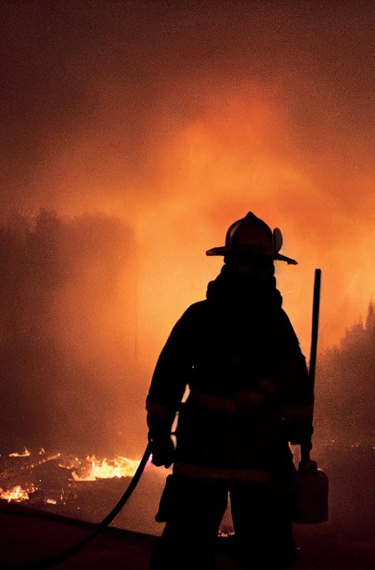 firefighter silhouette in front of the forest fire in the night