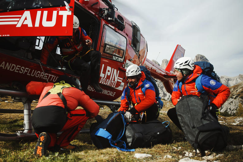 Emergency medical operators landing with a helicopter